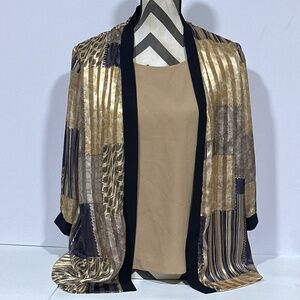 R&M Richard Top 2 In 1 Cardigan 3/4 Sleeve & Shirt Size 12 Brown Gold Black